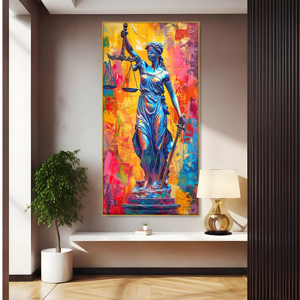Tablou canvas cu tablou canvas cu zeita justitiei, in rama de aluminiu auriu